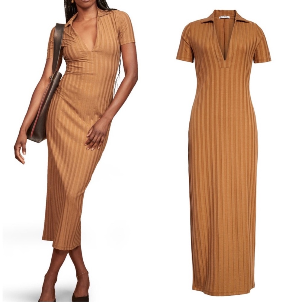 Reformation Lumi Collared Polo Midi Dress Butterscotch Tan Ribbed Size Medium